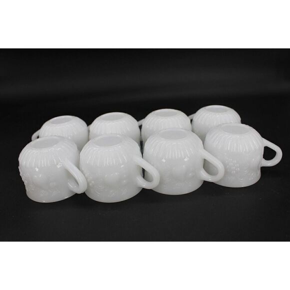 Set Of 8 Vintage Fruit Decorated Pressed Fused Milk Glass Punch Cups MINT - Picture 1 of 8